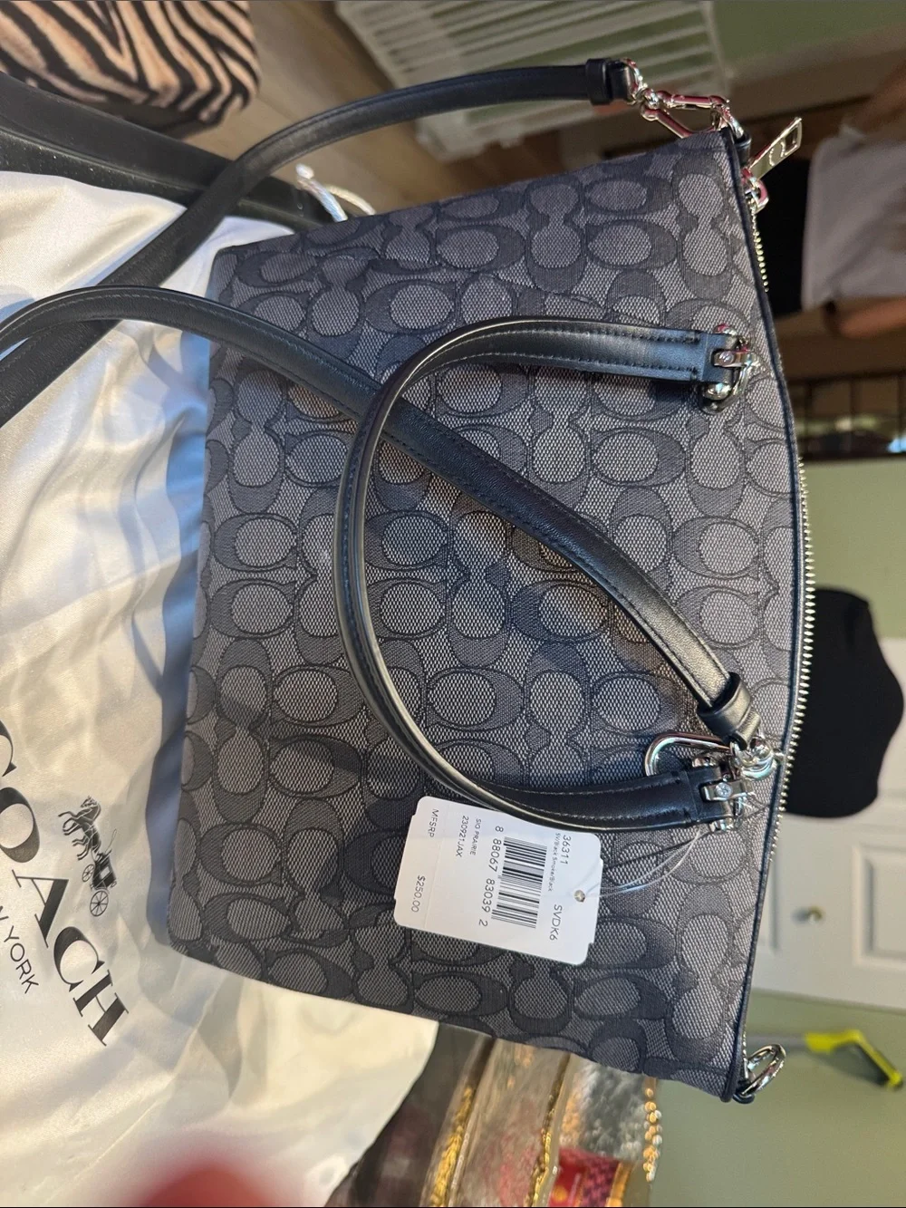 Coach Gray Signature Jacquard Tote with Leather Trim
